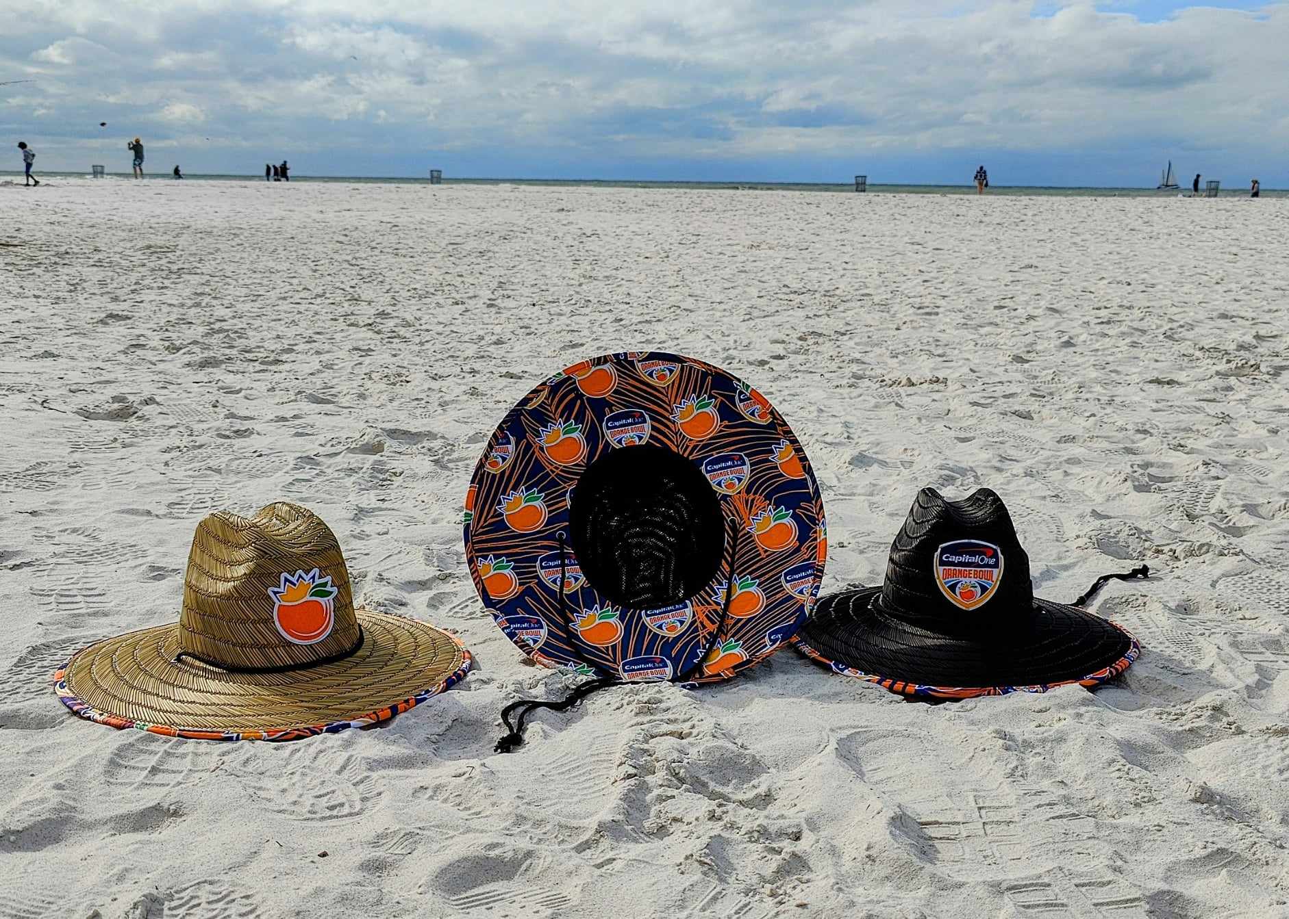 Premium custom straw hat underbrim with vibrant Capital One Orange Bowl branding