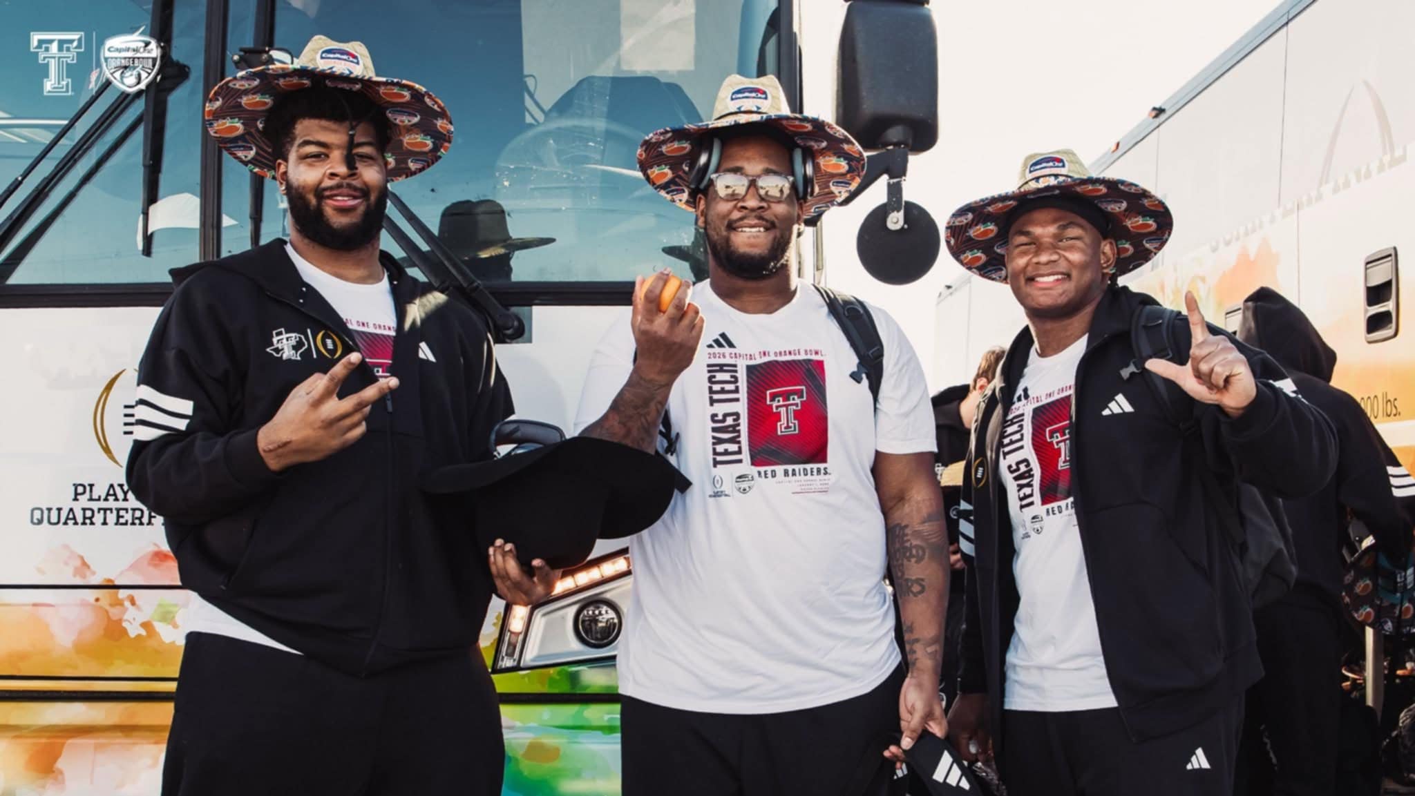 Custom tropical straw hats given to teams upon arrival at the 2026 Capital One Orange Bowl